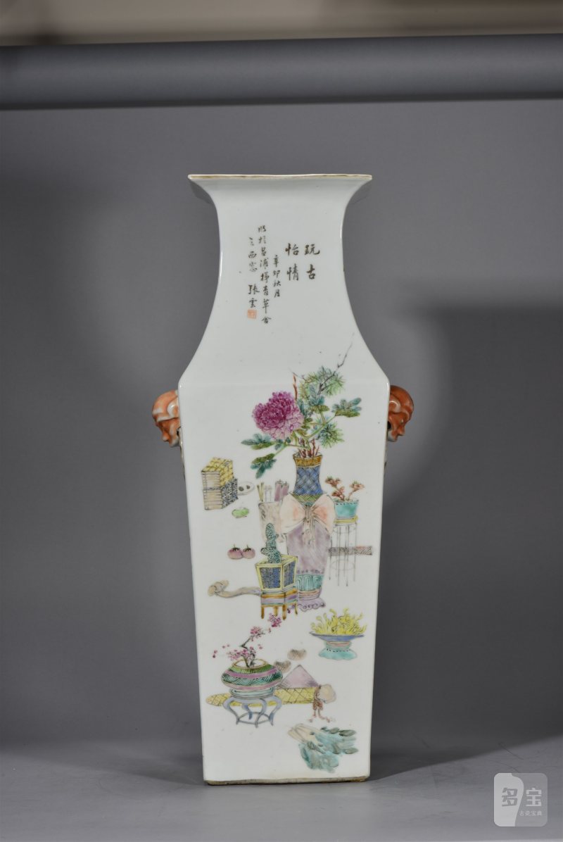 清光绪 张子英浅绛彩山水花鸟博古300 件大方瓶 - 图8